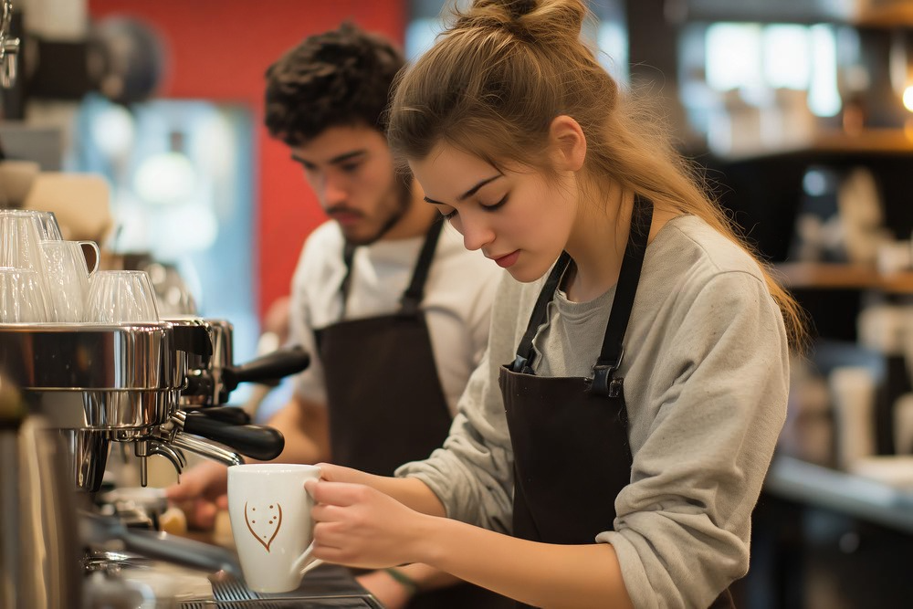 Two skilled baristas expertly crafting delicious coffee beverages.